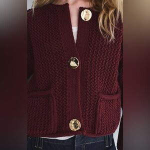 Zara Deep Red Cardigan with Metallic Buttons
